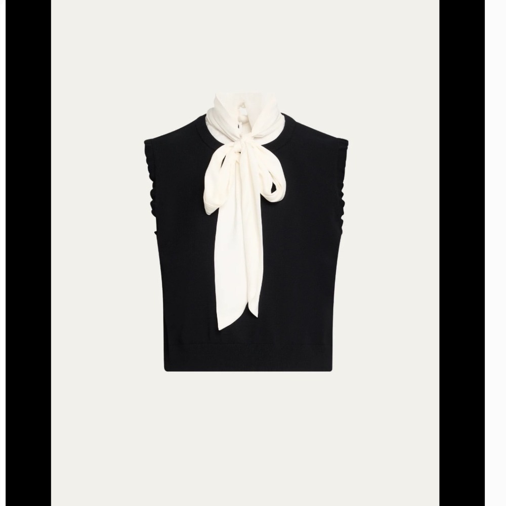Cinq a Sept Black Sleeveless Knit Top with Ivory Satin Bow Tie Neck XS